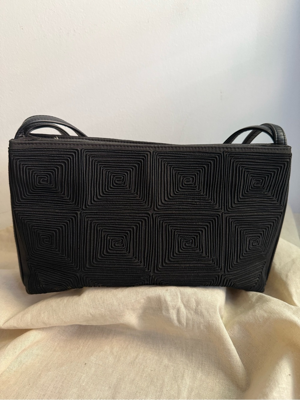 Vintage Black Geometric Textured Shoulder Bag Art Deco 90s Minimalist Purse